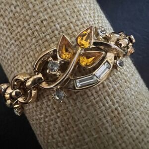Vintage Gold Tone Amber & Clear Rhinestone Leaf Link Bracelet 7" Cottagecore 50s